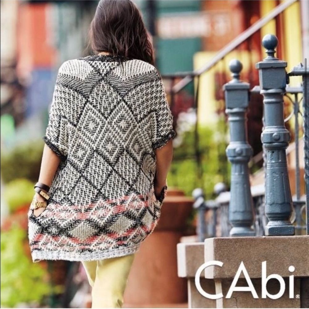 CAbi Black and Cream Knit Geometric Open Cardigan with Pink Accent